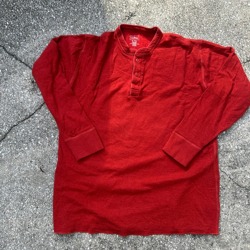Vtg 90s LL Bean Mens XL Tall Red Wool Blend Dual Layer Henley Long Sleeve Shirt